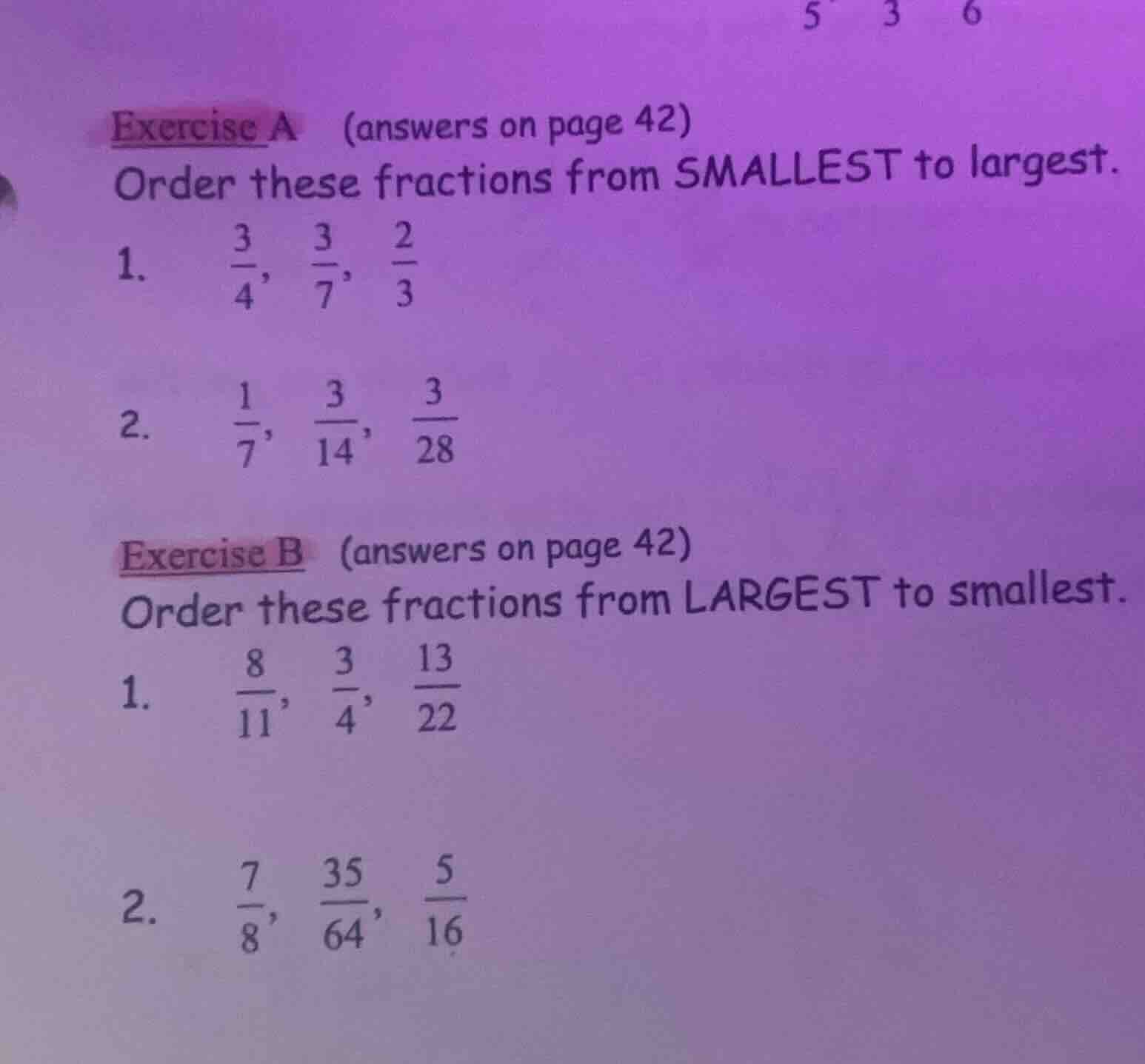 exercise a (answers on page 42) order these fractions from smallest to …