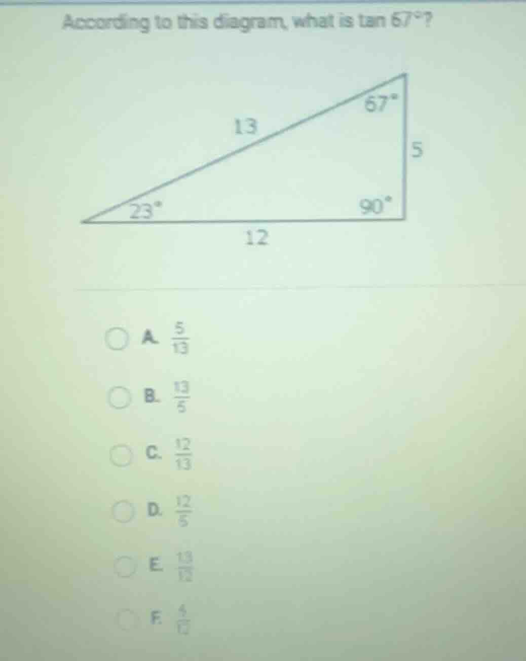 according to this diagram, what is \\(\\tan 67^{\\circ}\\)?\ \ a. \\(\\…