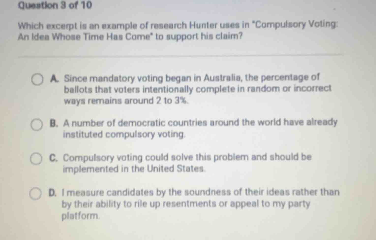 question 3 of 10 which excerpt is an example of research hunter uses in…