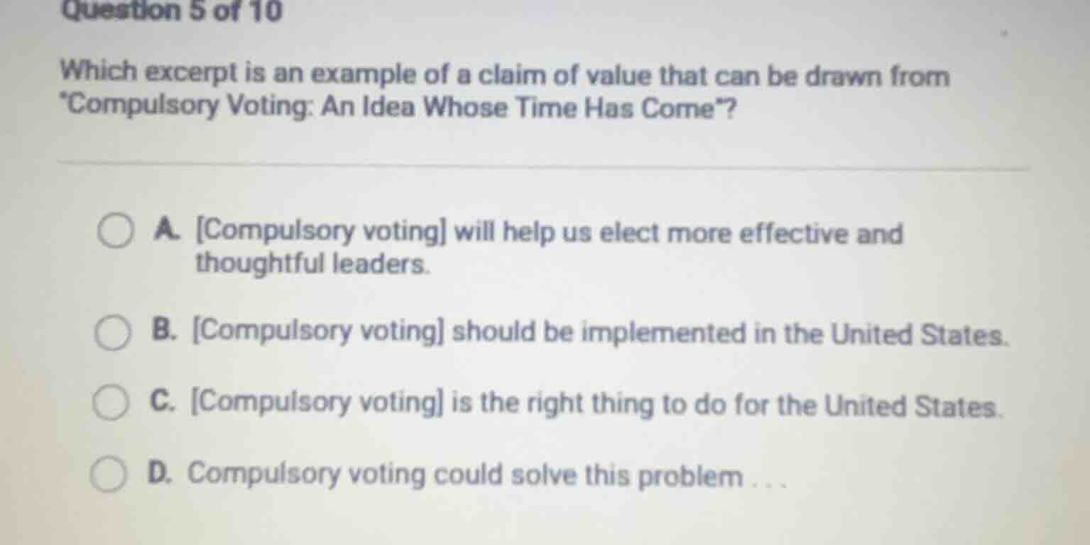 question 5 of 10 which excerpt is an example of a claim of value that c…