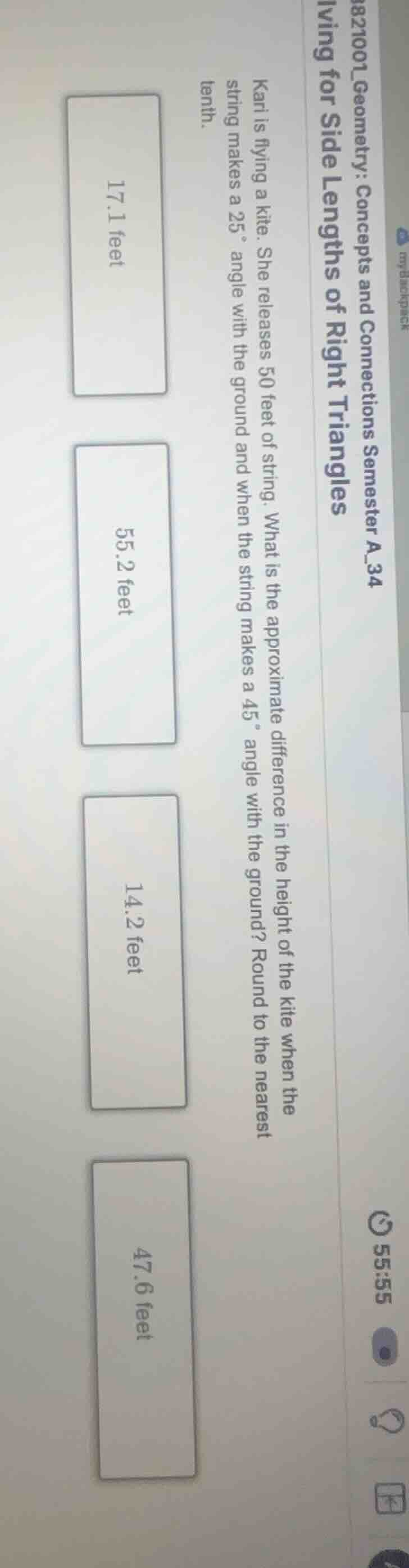 kari is flying a kite. she releases 50 feet of string. what is the appr…