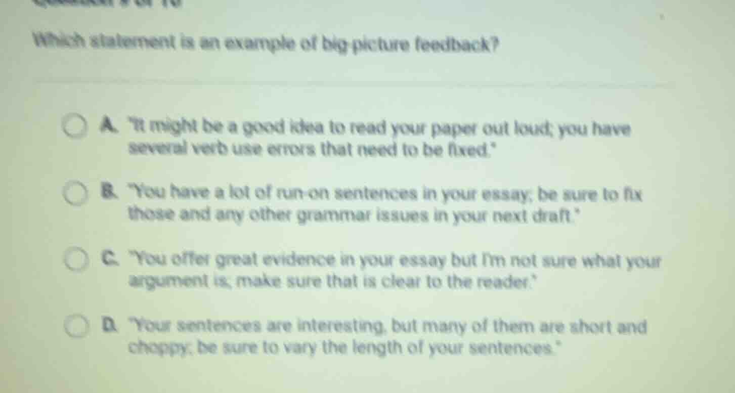 which statement is an example of big picture feedback? a. \it might be …