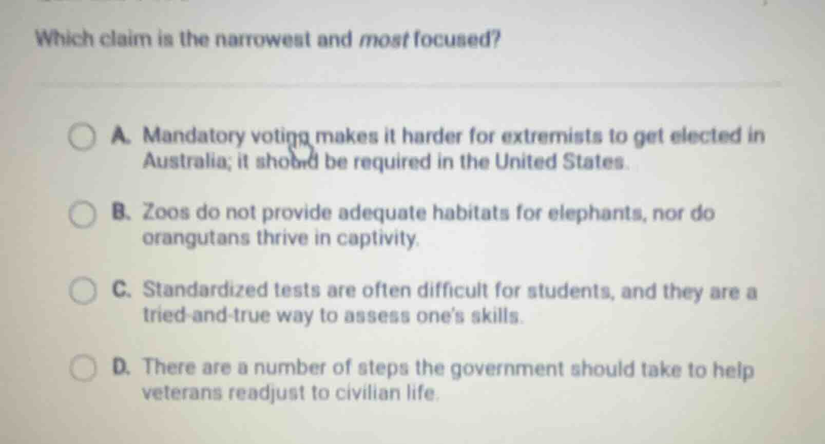 which claim is the narrowest and most focused? a. mandatory voting make…