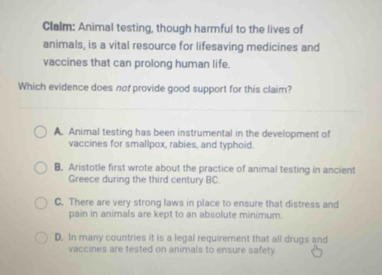 claim: animal testing, though harmful to the lives of animals, is a vit…