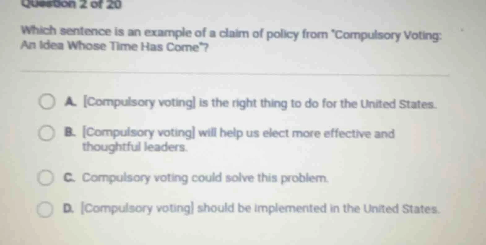 question 2 of 20 which sentence is an example of a claim of policy from…
