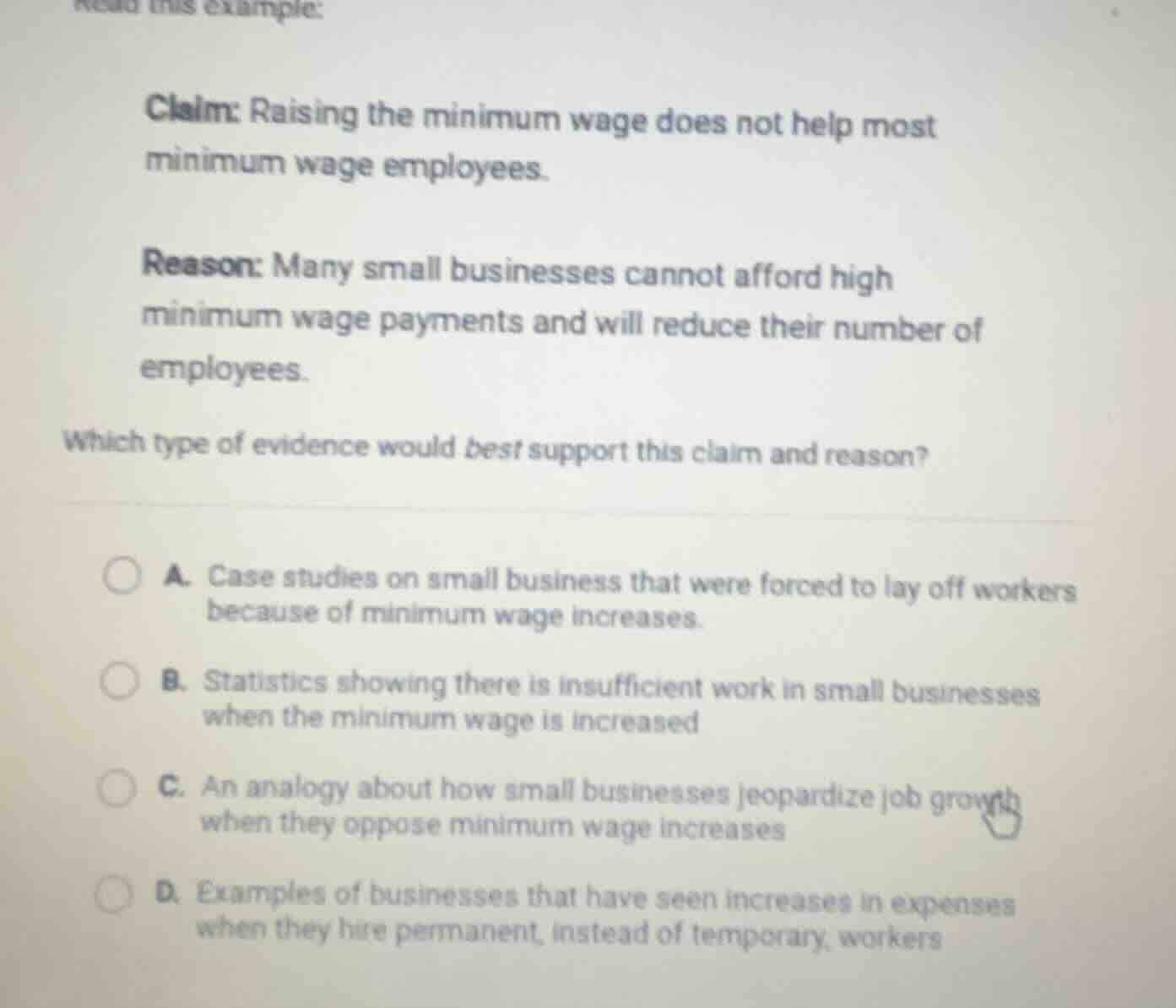 read this example: claim: raising the minimum wage does not help most m…