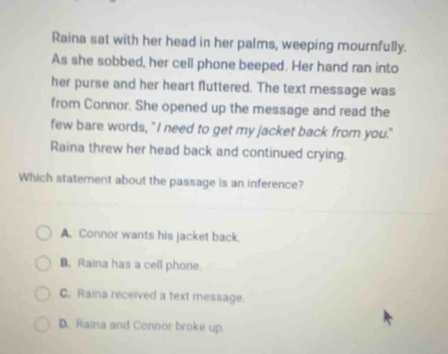 raina sat with her head in her palms, weeping mournfully. as she sobbed…