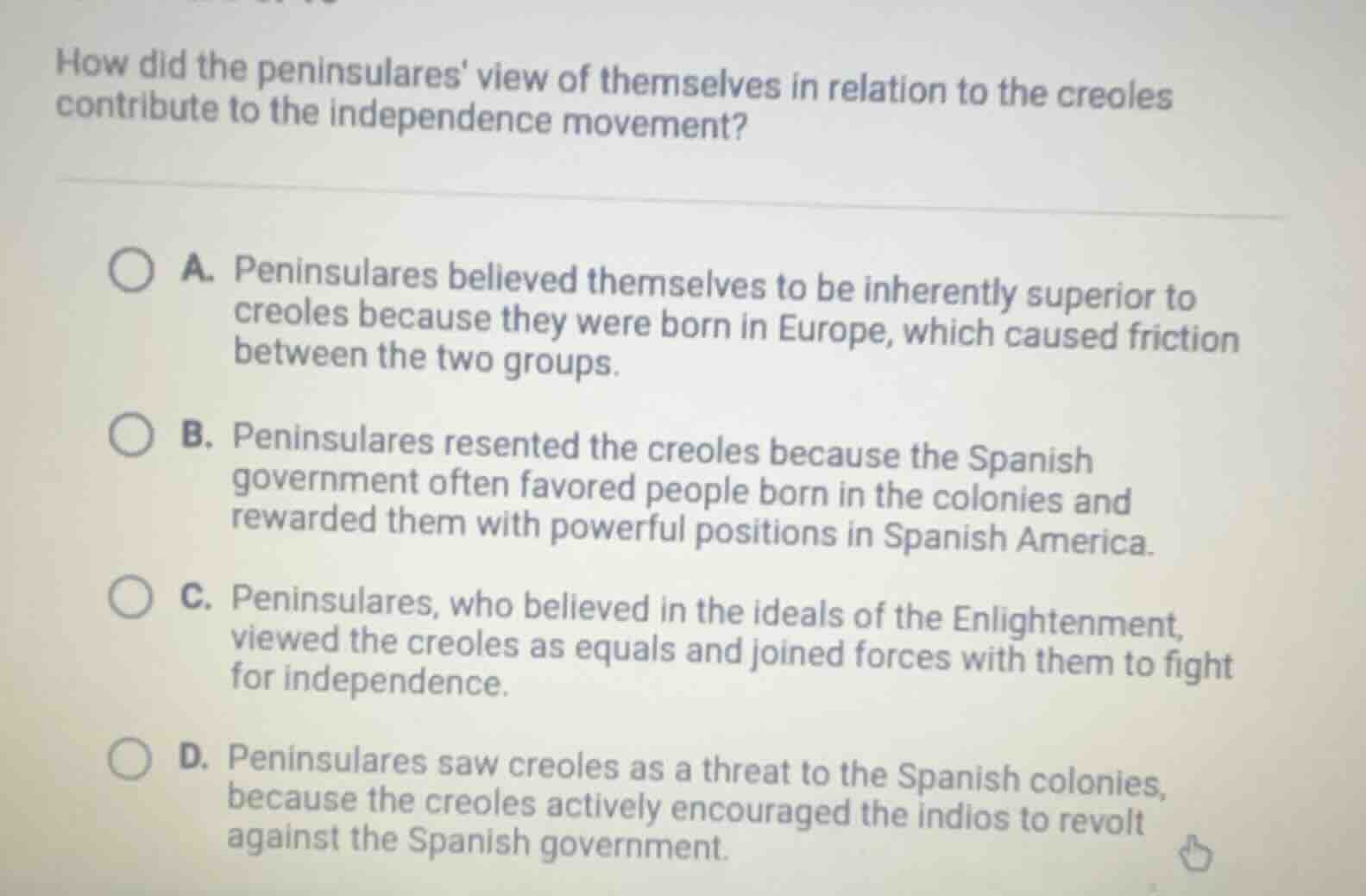 how did the peninsulares view of themselves in relation to the creoles …