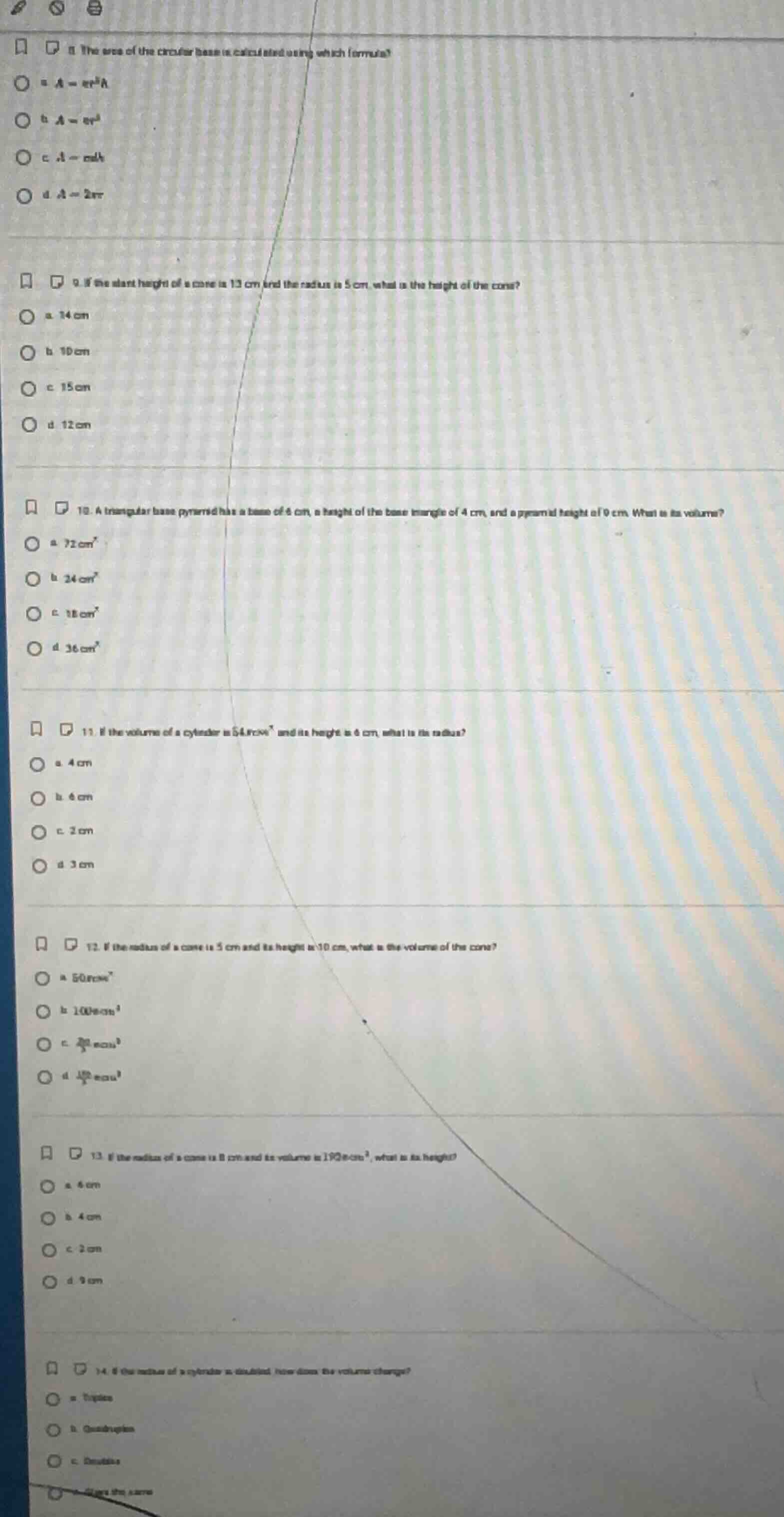 8. the area of the circular base is calculated using which formula? a. …