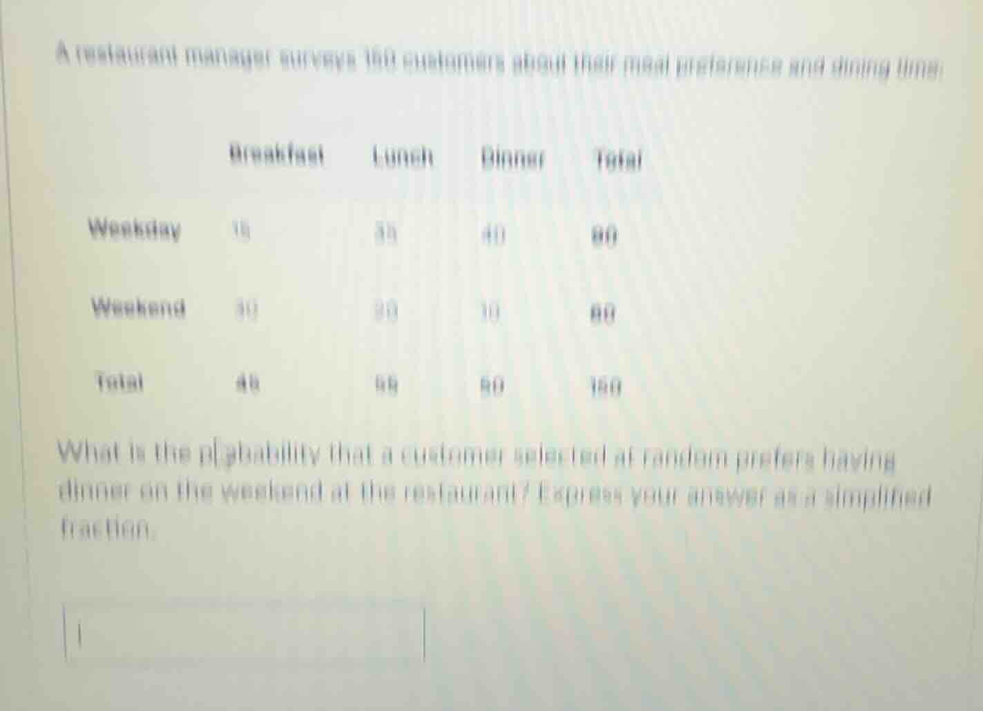 a restaurant manager surveys 160 customers about their meal preferences…