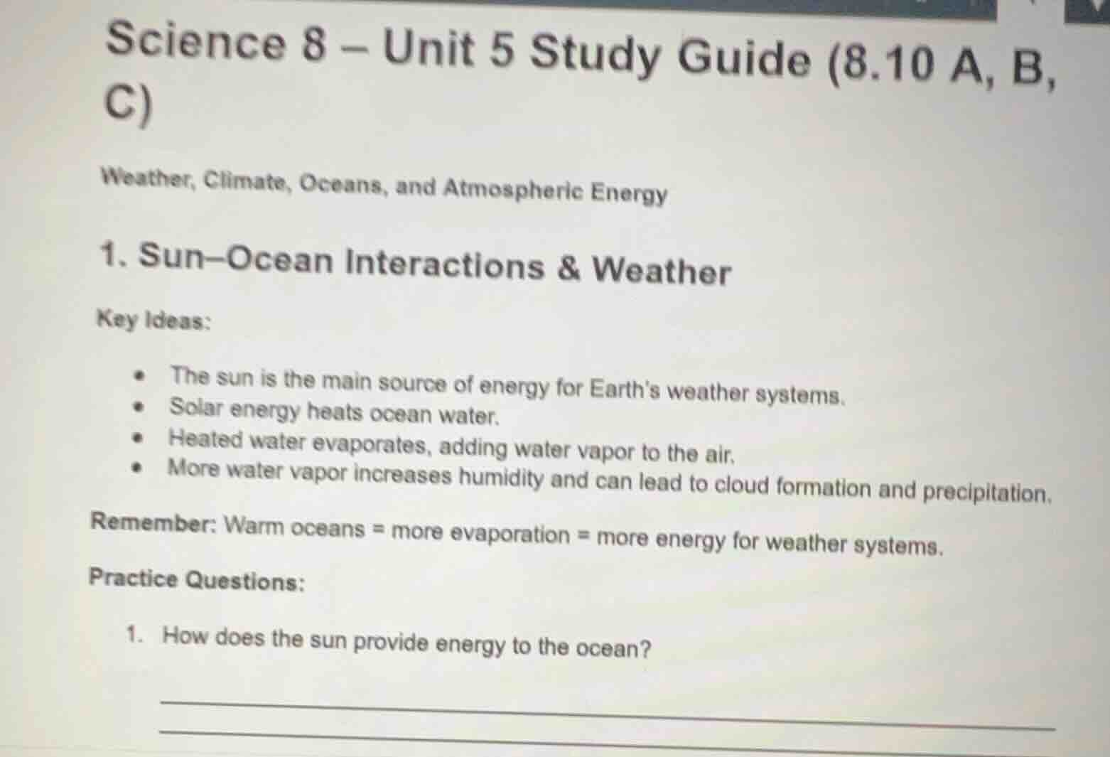 science 8 – unit 5 study guide (8.10 a, b, c) weather, climate, oceans,…
