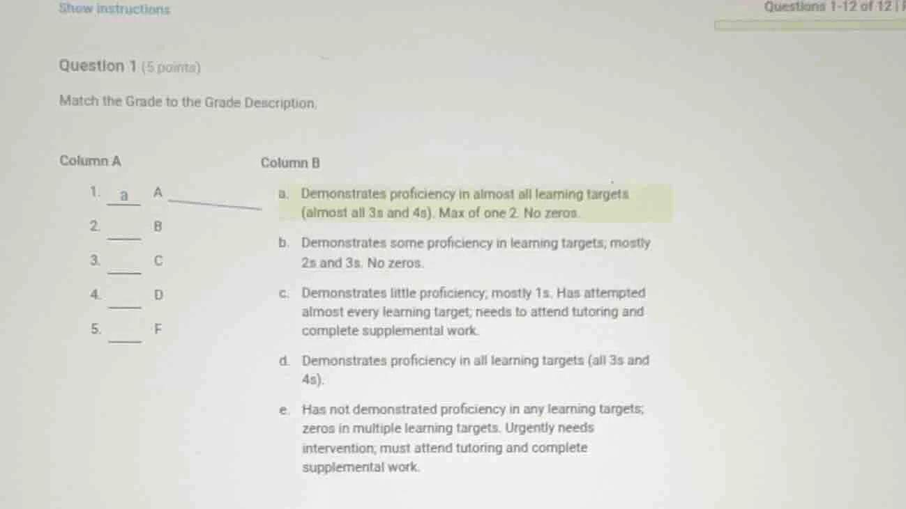 show instructions questions 1-12 of 12 | question 1 (5 points) match th…