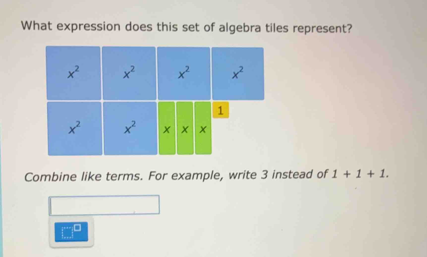 what expression does this set of algebra tiles represent? combine like …