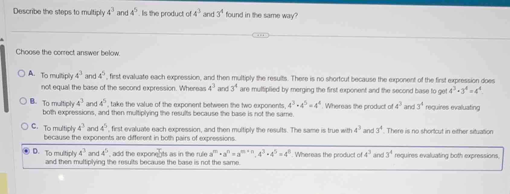 describe the steps to multiply $4^3$ and $4^5$. is the product of $4^3$…