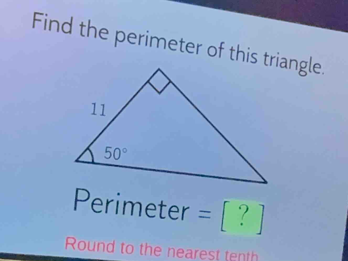 find the perimeter of this triangle. perimeter = ? round to the nearest…