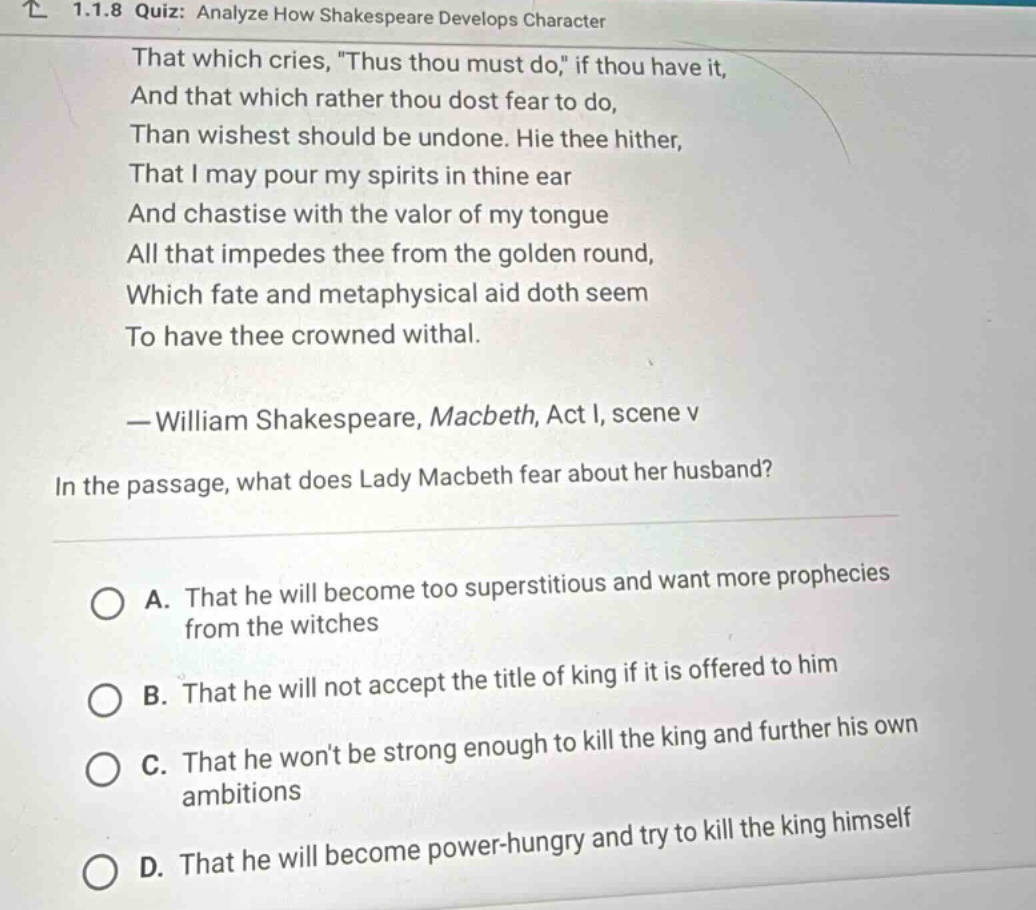 1.1.8 quiz: analyze how shakespeare develops character that which cries…