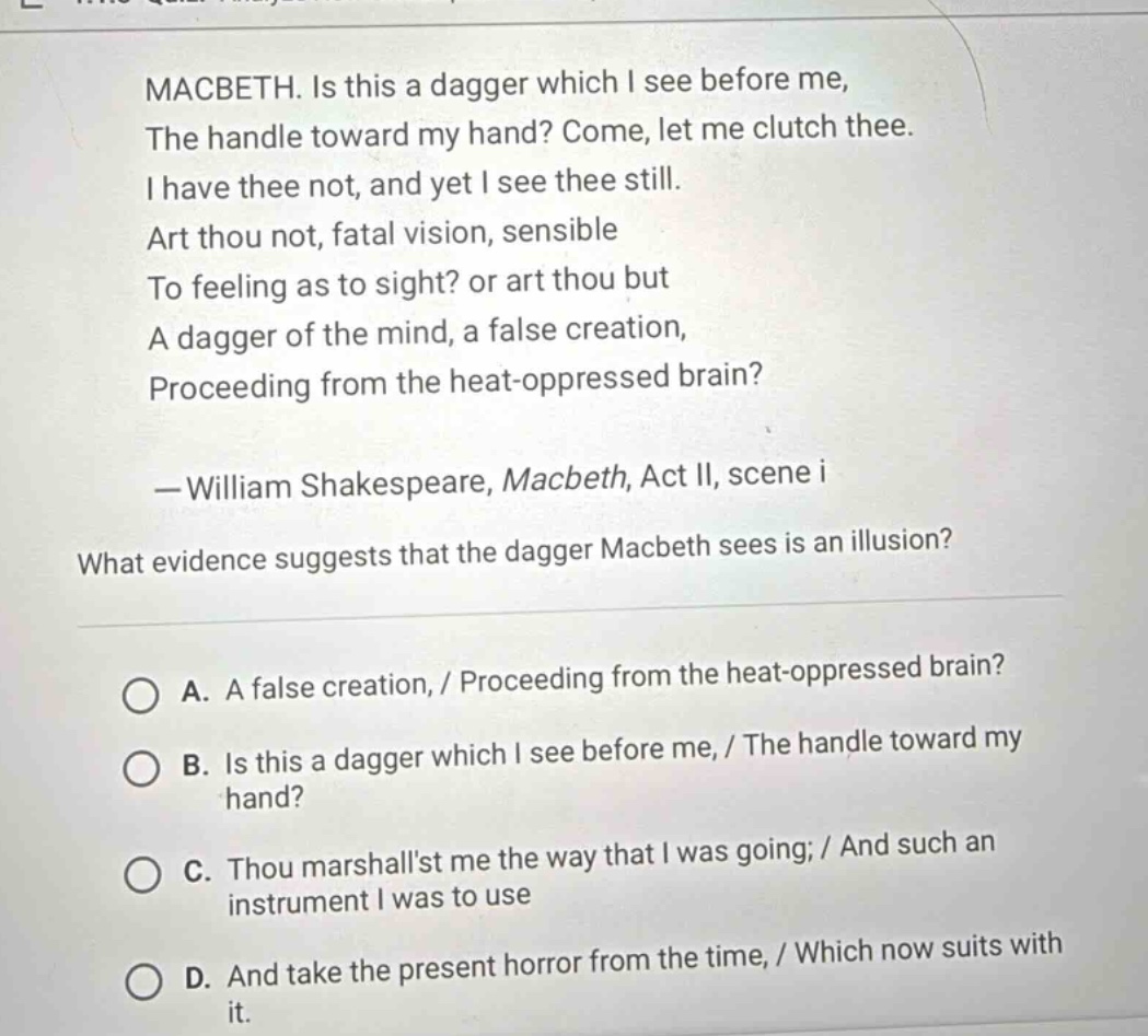 macbeth. is this a dagger which i see before me, the handle toward my h…