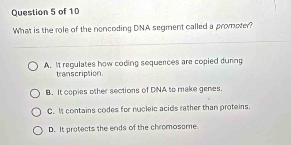 question 5 of 10 what is the role of the noncoding dna segment called a…