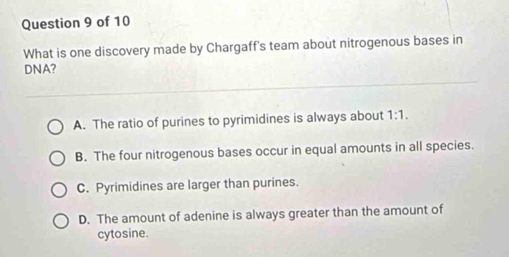 question 9 of 10 what is one discovery made by chargaffs team about nit…