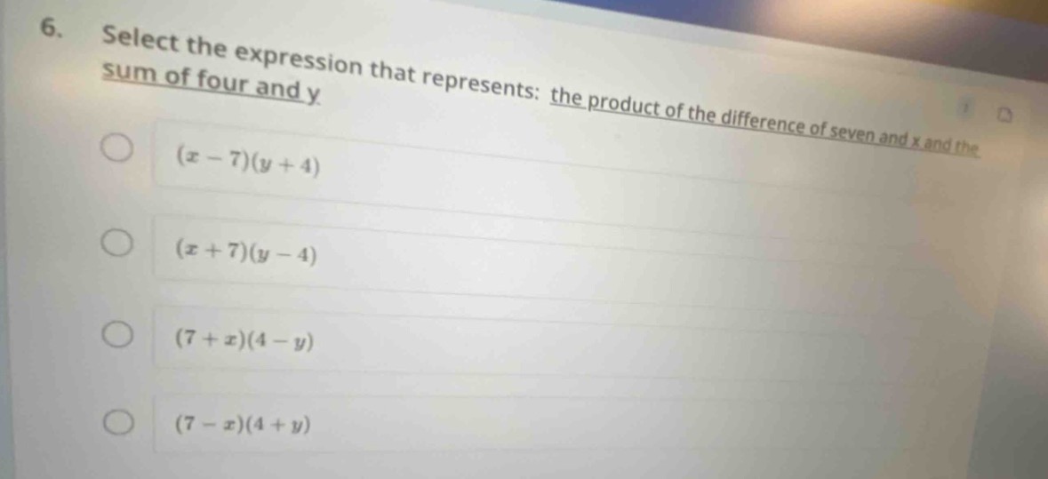 6. select the expression that represents: the product of the difference…