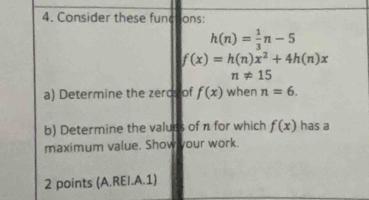 4. consider these functions: \\( h(n) = \\frac{1}{3}n - 5 \\) \\( f(x) …