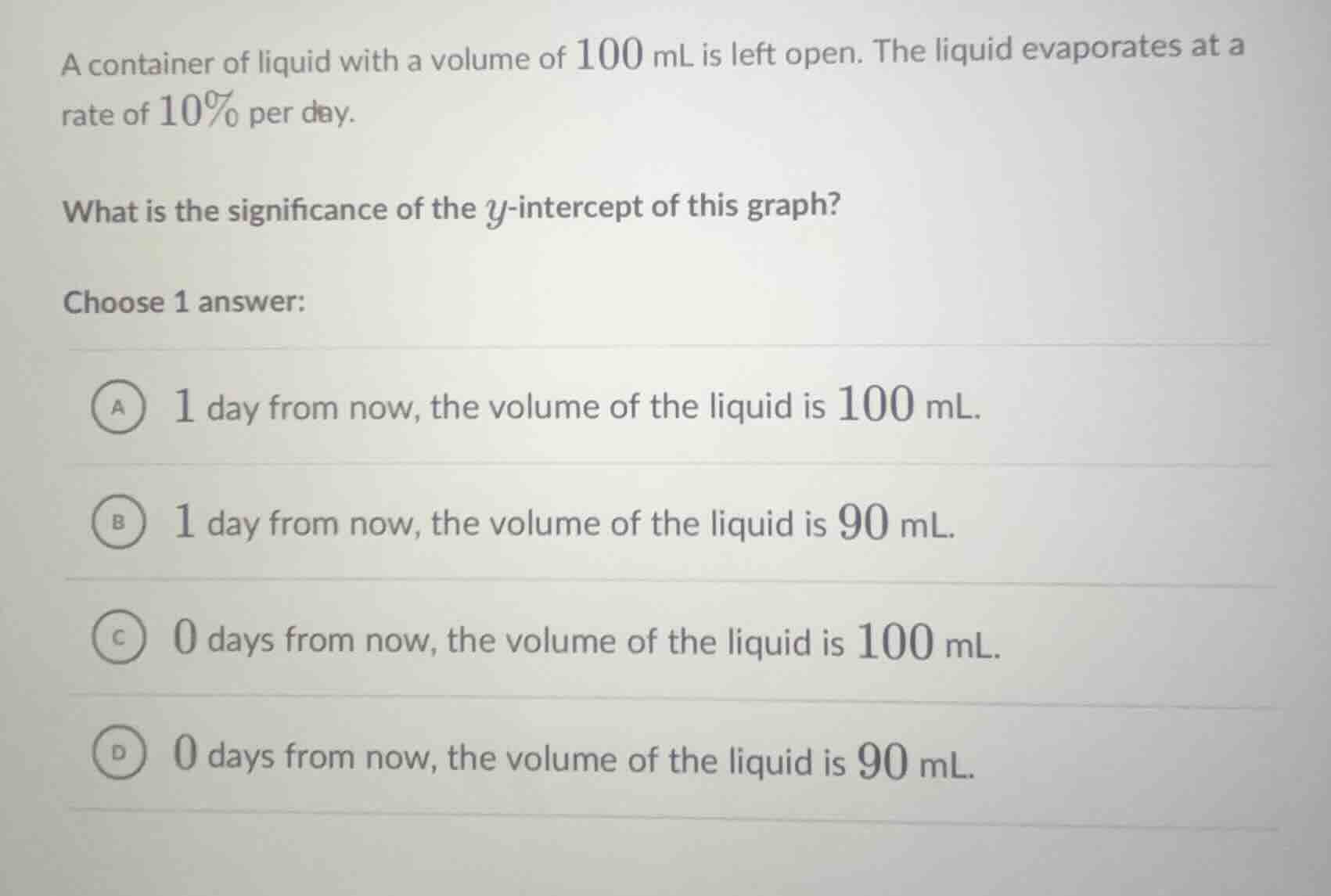 a container of liquid with a volume of 100 ml is left open. the liquid …