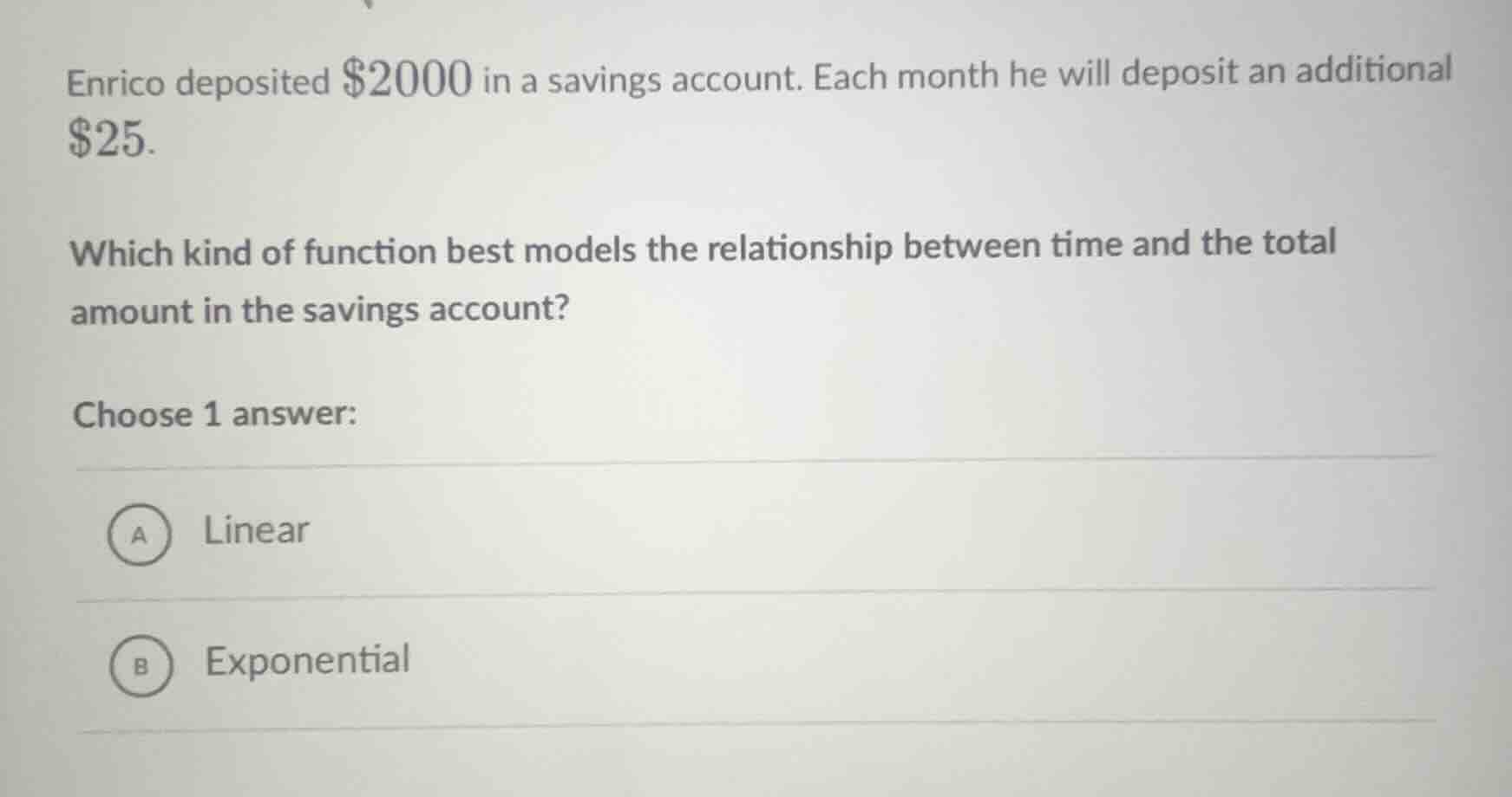 enrico deposited $2000 in a savings account. each month he will deposit…