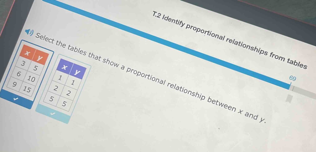 t.2 identify proportional relationships from tables select the tables t…