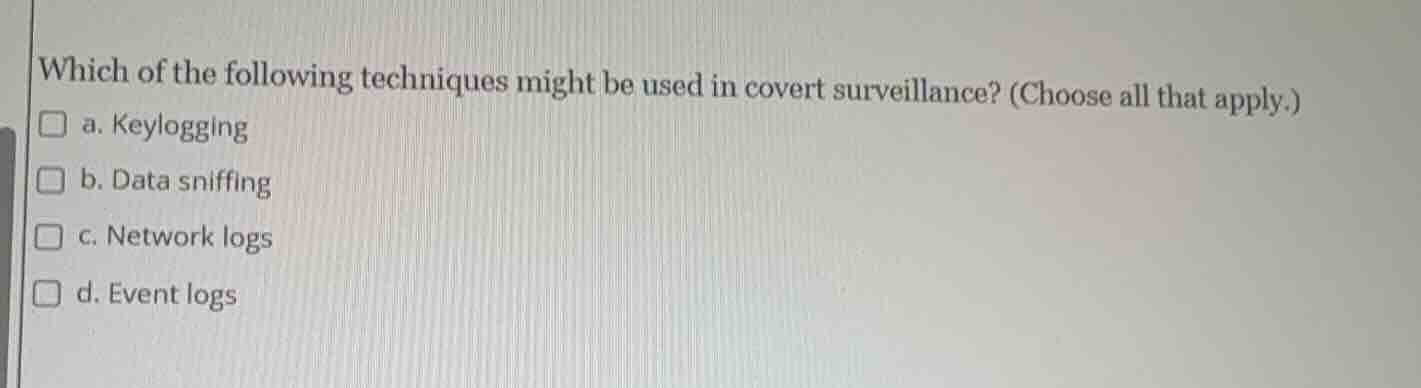 which of the following techniques might be used in covert surveillance?…