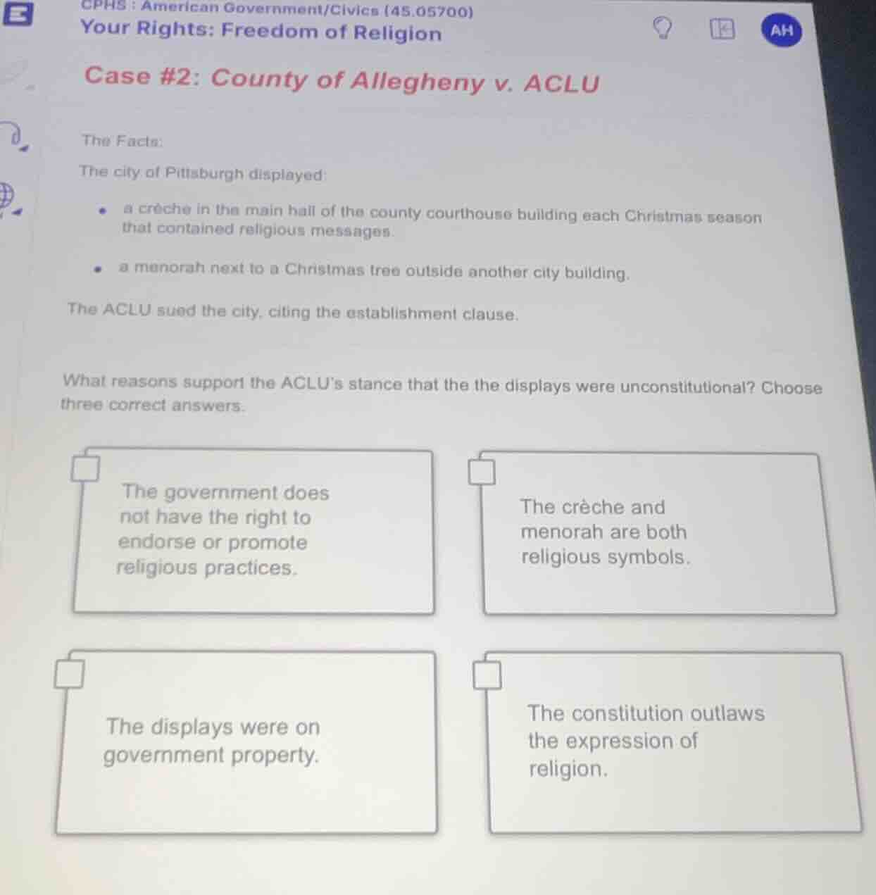 cphs : american government/civics (45.05700) your rights: freedom of re…