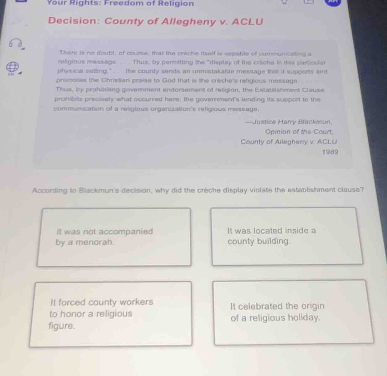 your rights: freedom of religion decision: county of allegheny v. aclu …