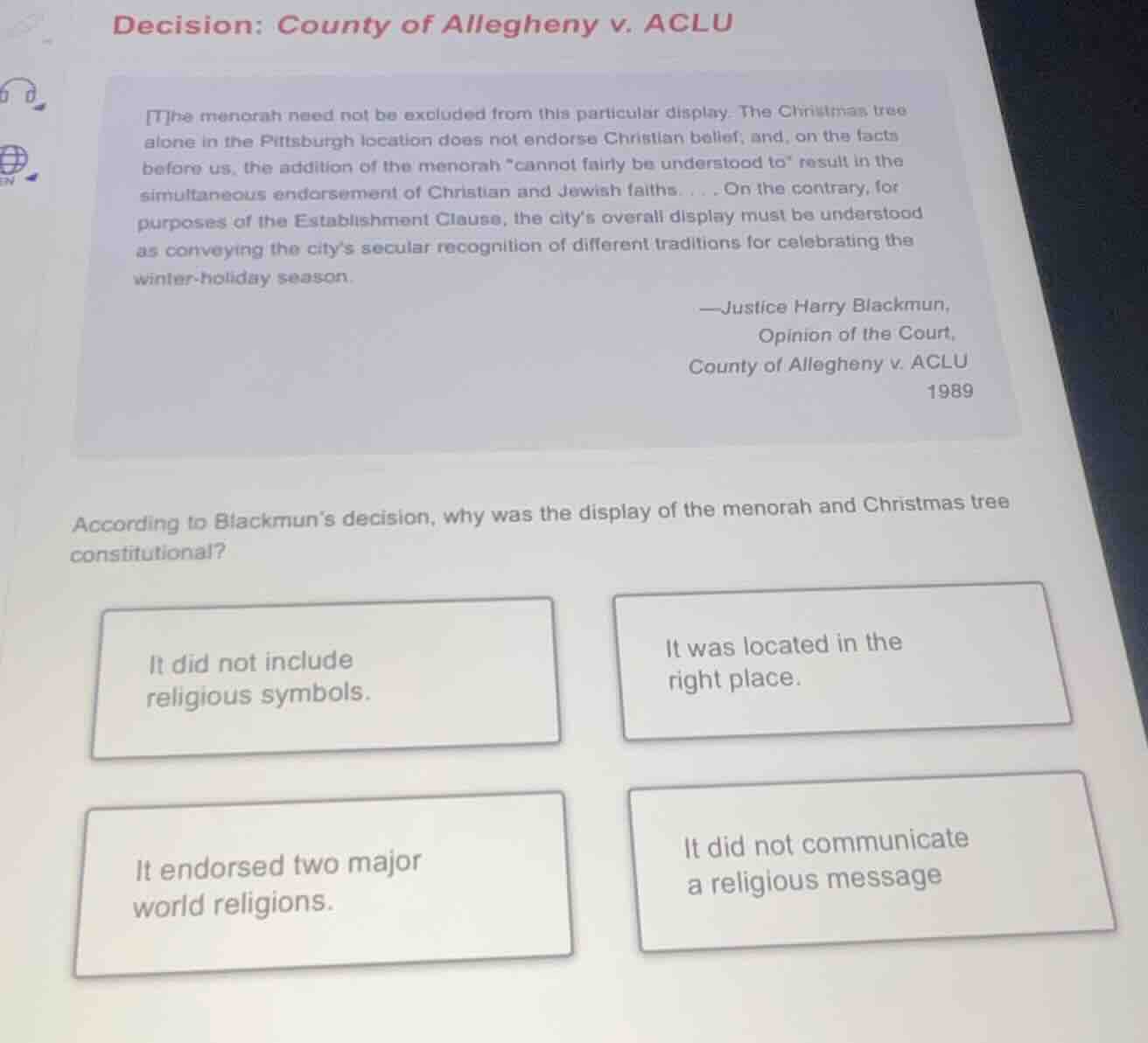 decision: county of allegheny v. aclu the menorah need not be excluded …