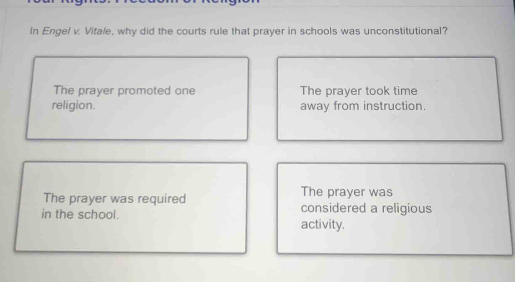 in engel v. vitale, why did the courts rule that prayer in schools was …