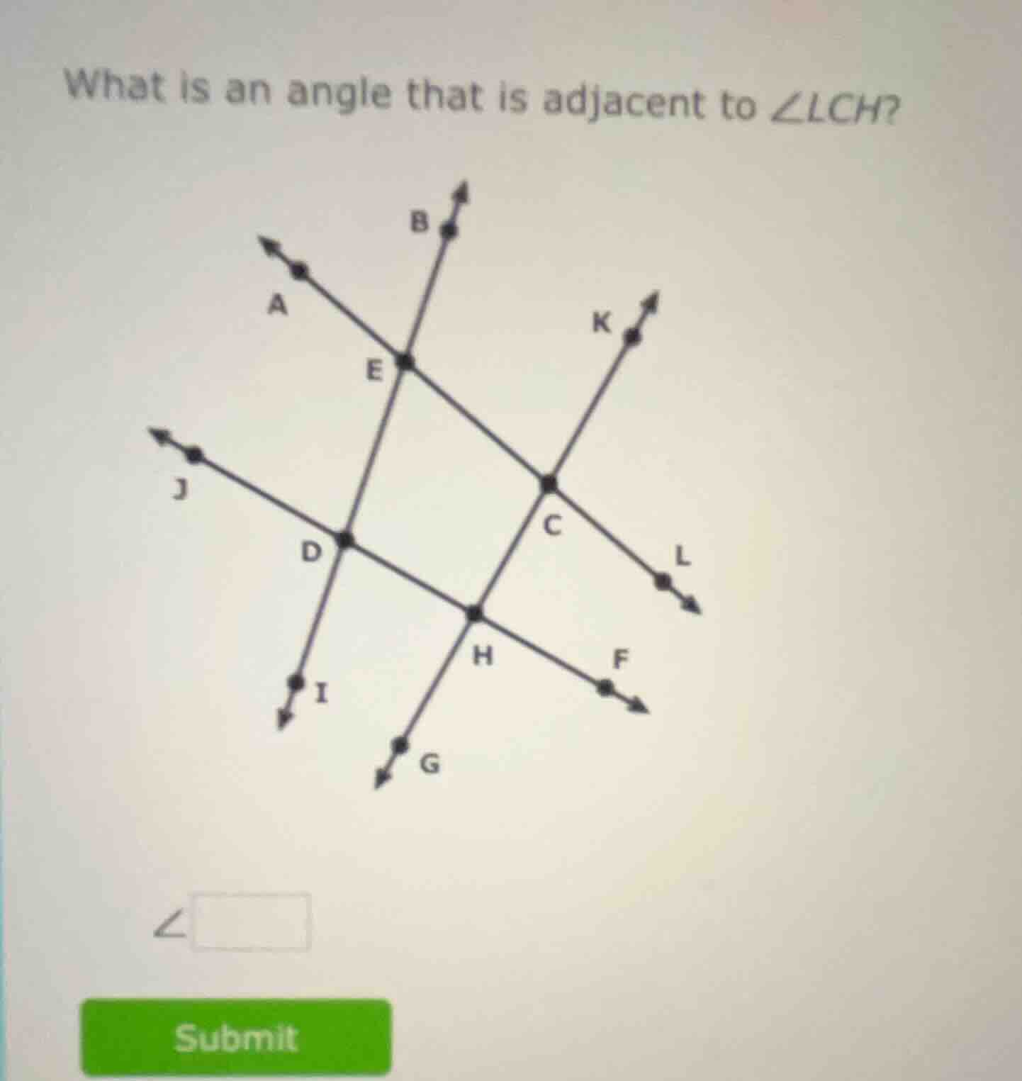 what is an angle that is adjacent to $\\angle lch$?