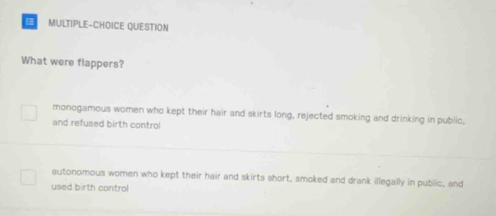 multiple-choice question what were flappers? monogamous women who kept …