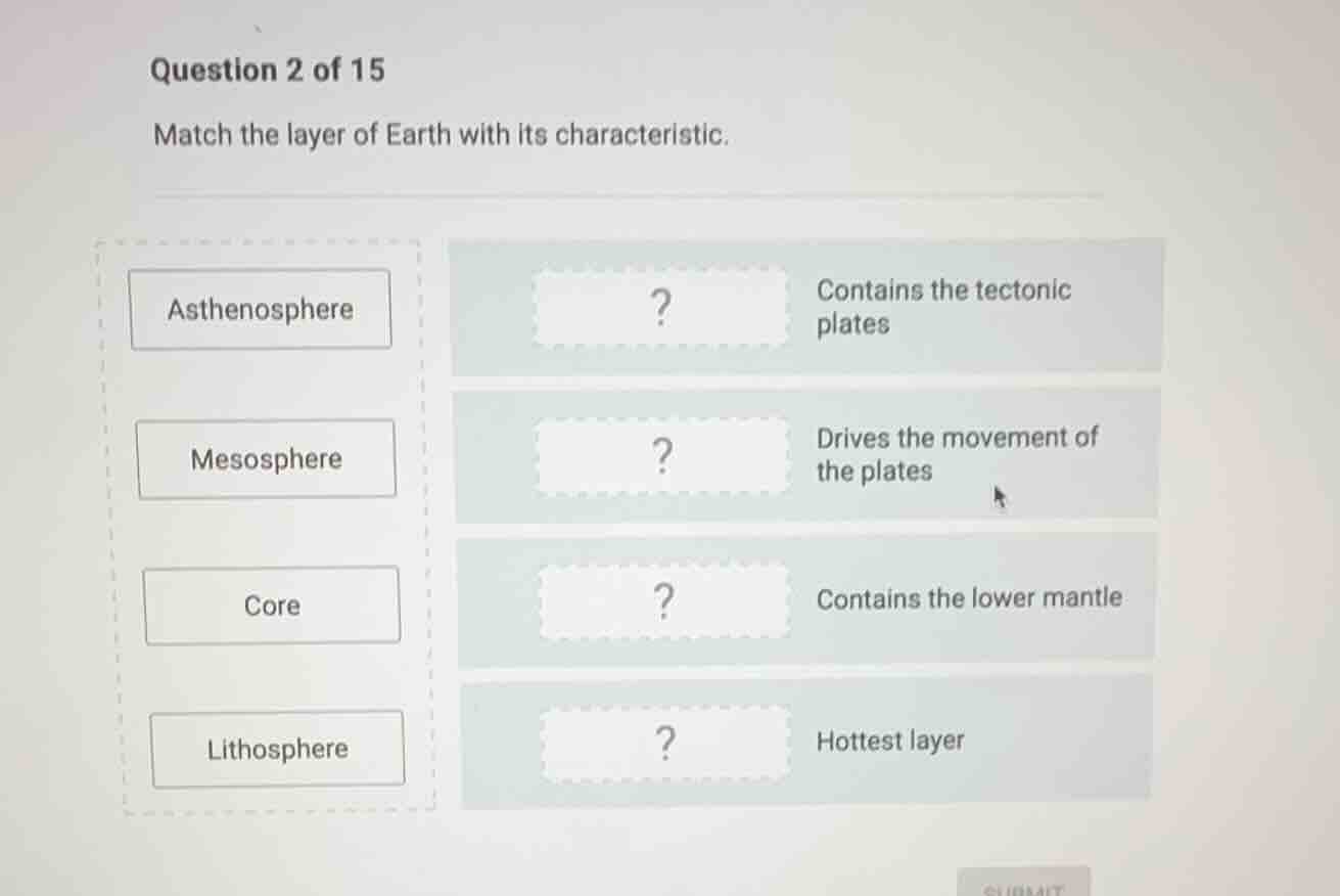 question 2 of 15 match the layer of earth with its characteristic. asth…
