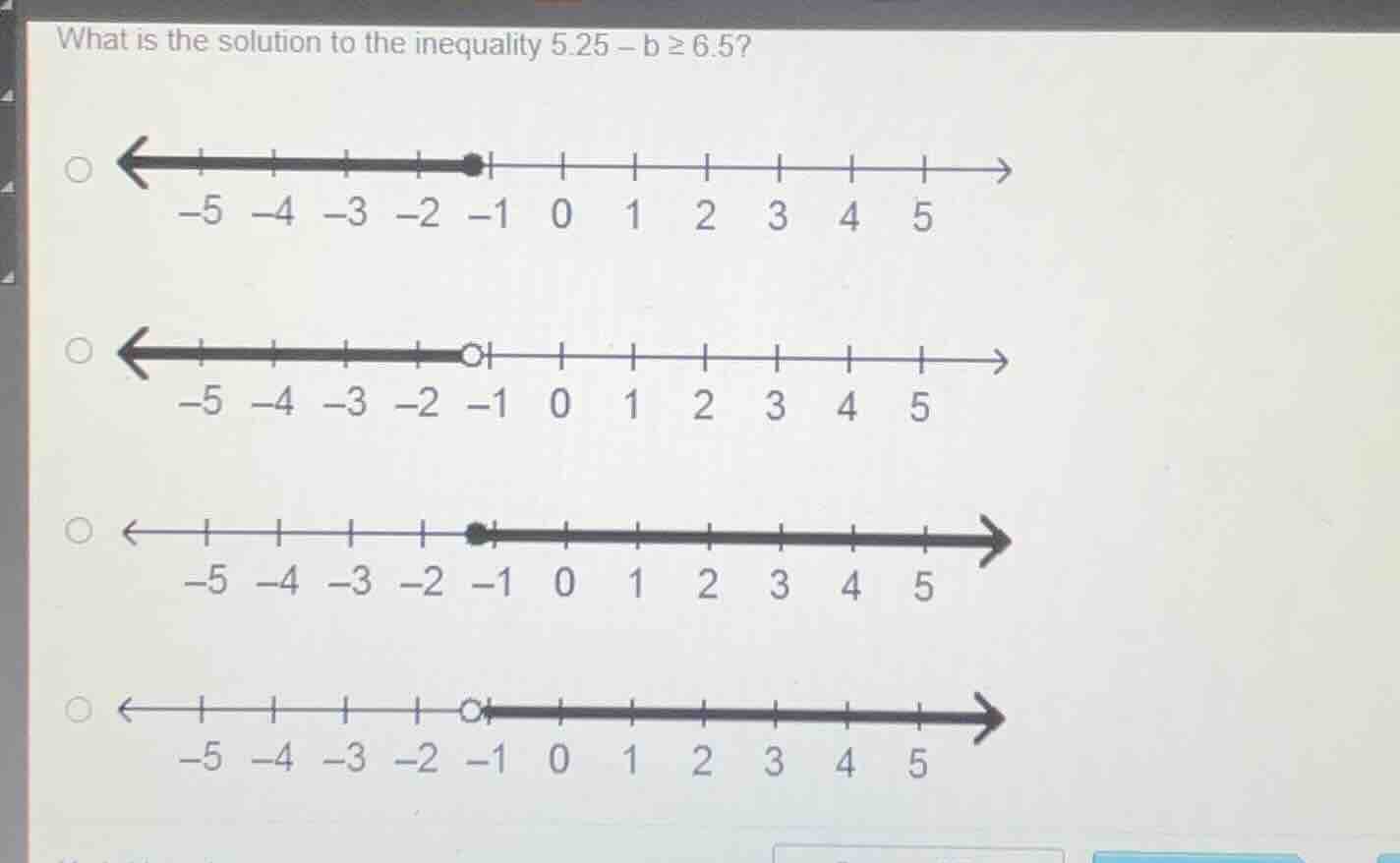 what is the solution to the inequality 5.25 - b ≥ 6.5?