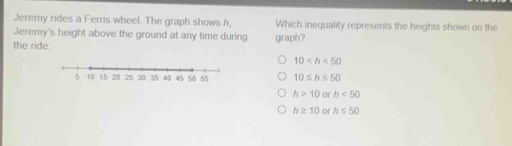 jeremy rides a ferris wheel. the graph shows h, jeremys height above th…