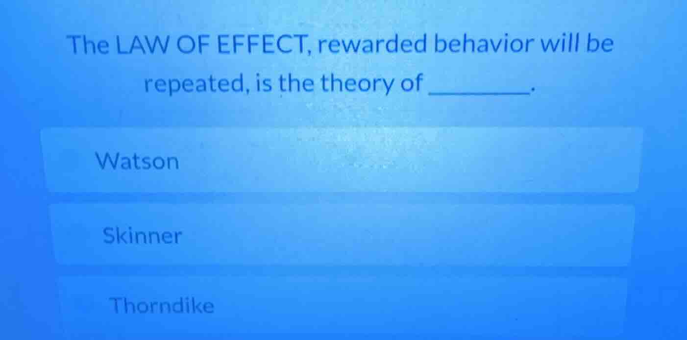 the law of effect, rewarded behavior will be repeated, is the theory of…