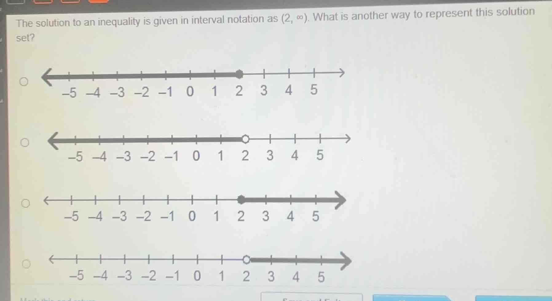 the solution to an inequality is given in interval notation as (2, ∞). …