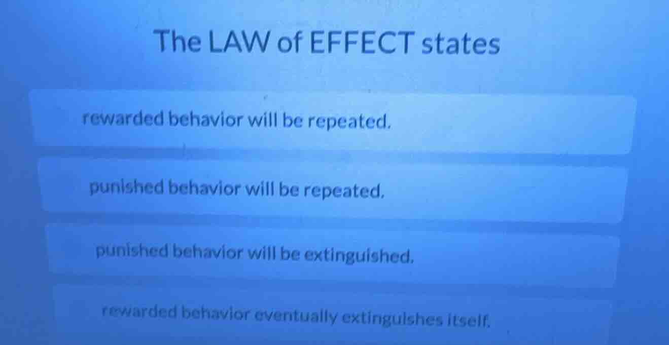 the law of effect states rewarded behavior will be repeated. punished b…