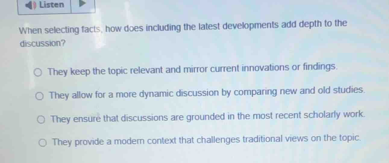 when selecting facts, how does including the latest developments add de…