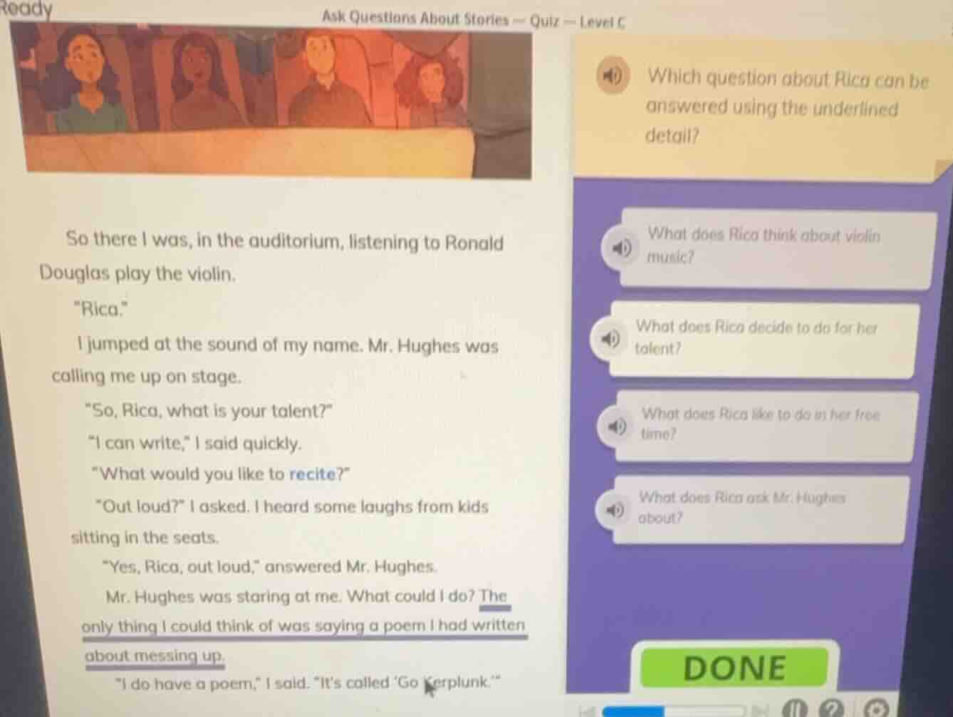 ask questions about stories — quiz — level c which question about rica …