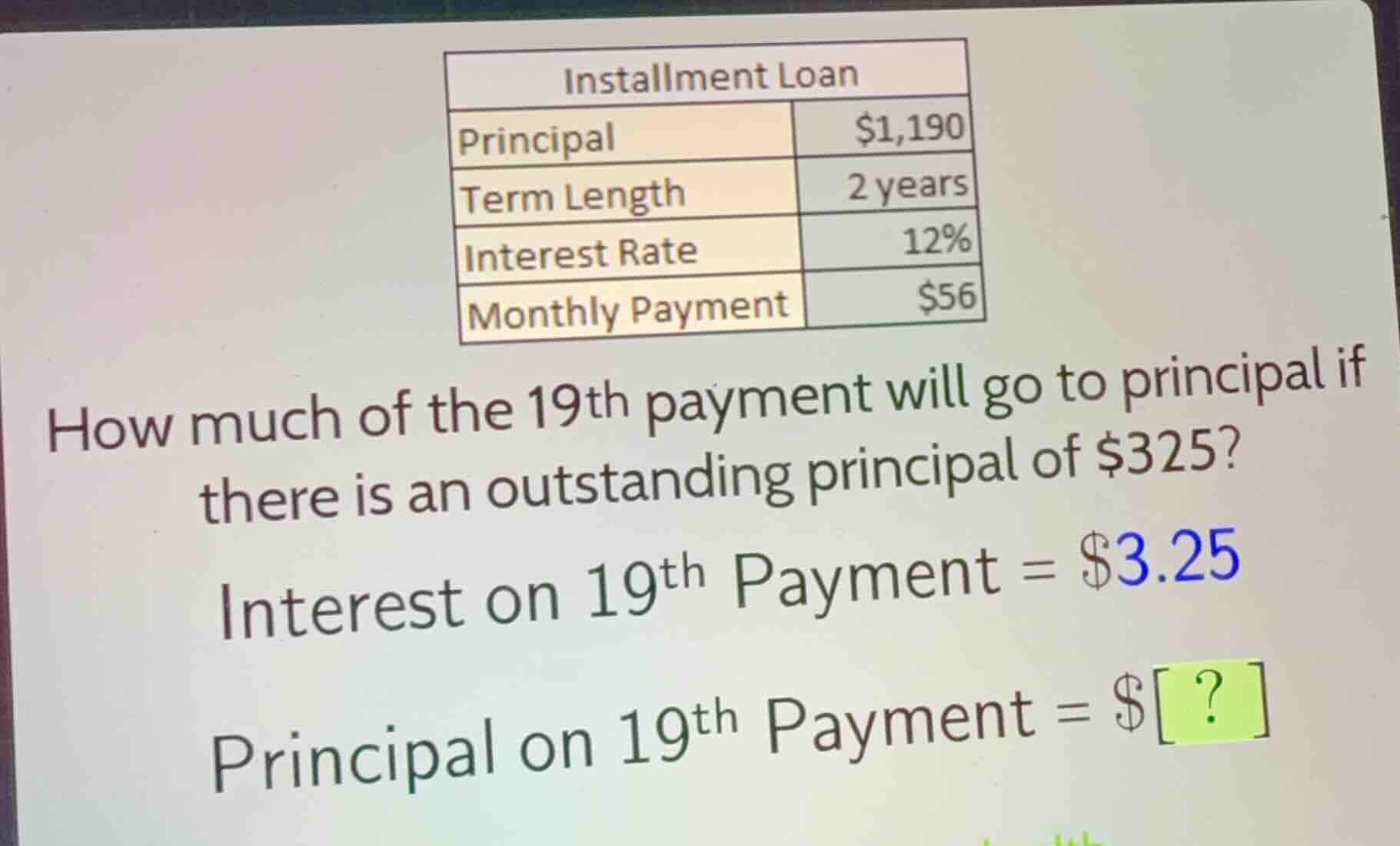 installment loan principal $1,190 term length 2 years interest rate 12%…