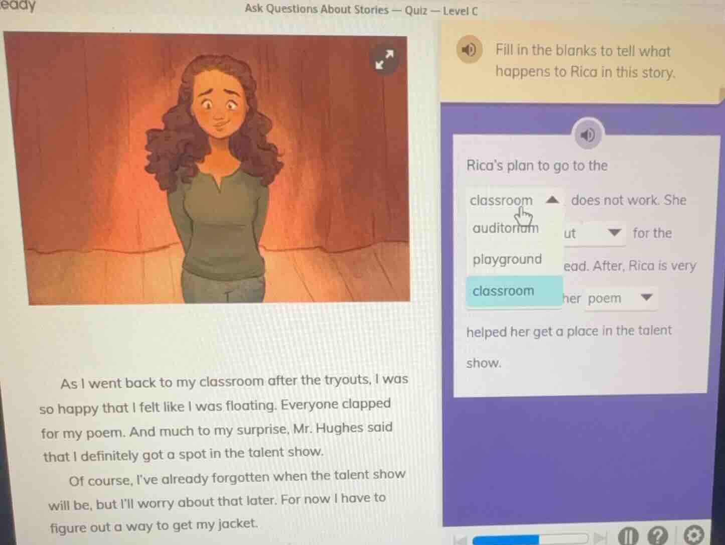 ask questions about stories — quiz — level c fill in the blanks to tell…