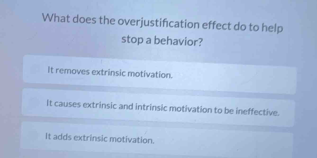 what does the overjustification effect do to help stop a behavior? it r…