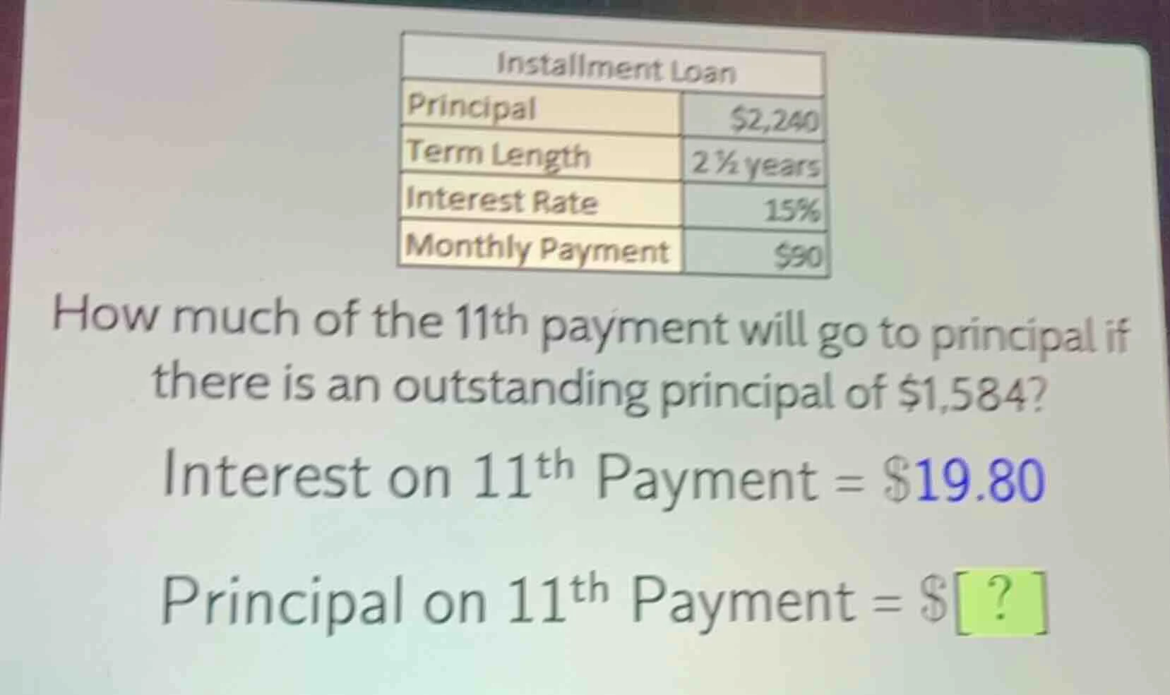 installment loan principal $2,240 term length 2 ½ years interest rate 1…