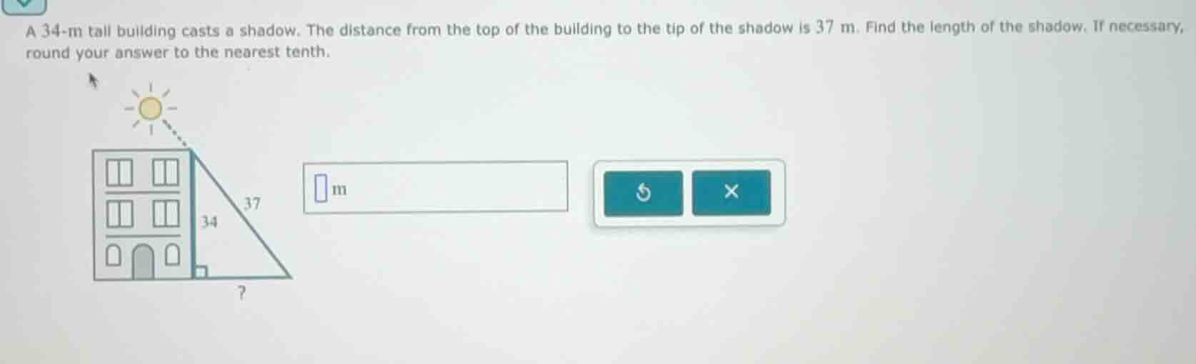 a 34-m tall building casts a shadow. the distance from the top of the b…