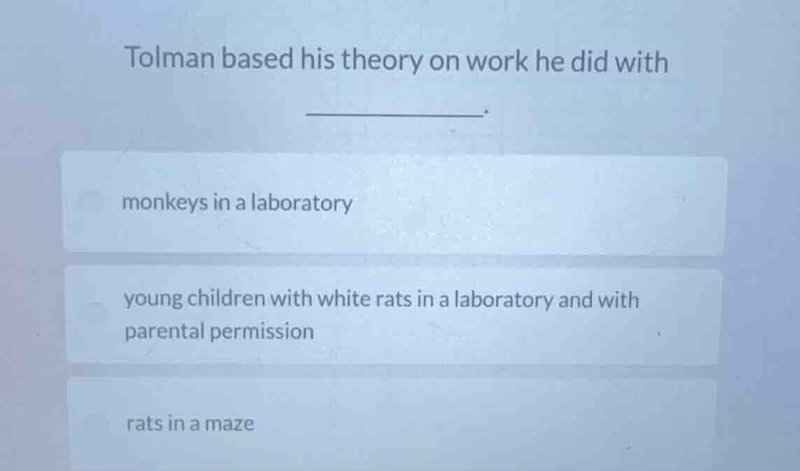 tolman based his theory on work he did with ________. monkeys in a labo…