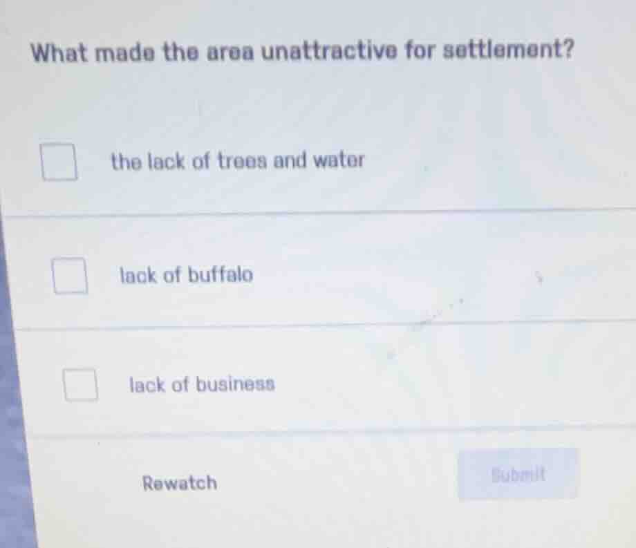 what made the area unattractive for settlement? the lack of trees and w…